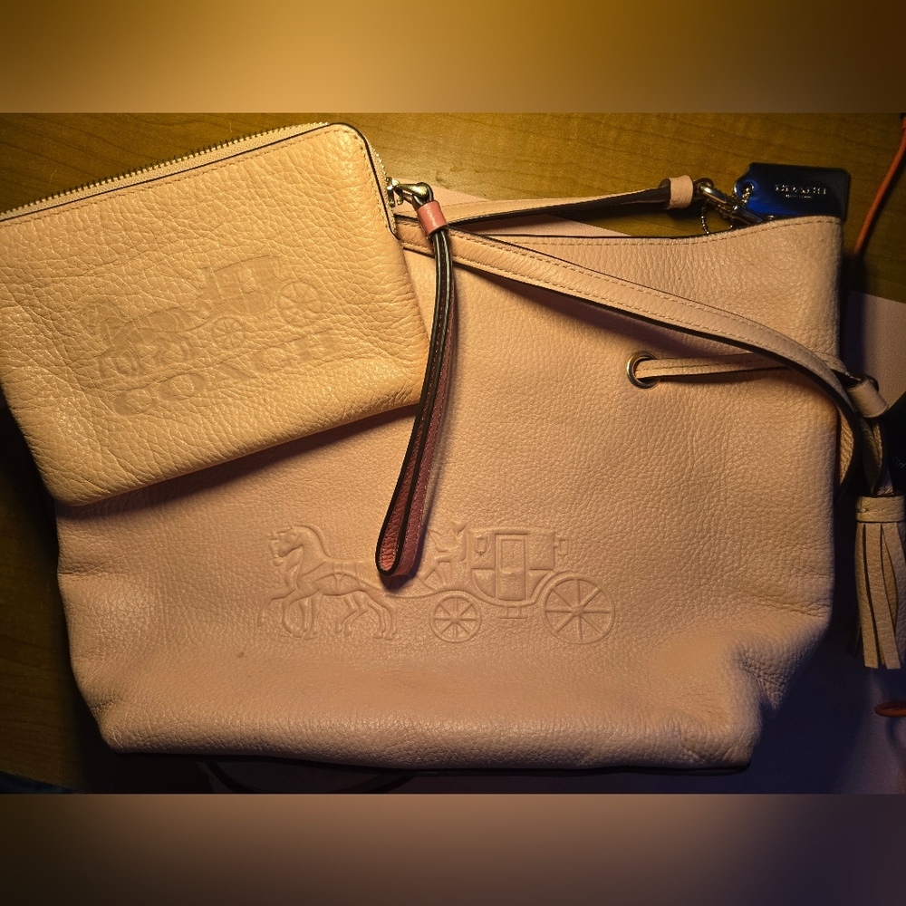Coach Coral Leather Shoulder Bag with Embossed Coach Carriage Detailing